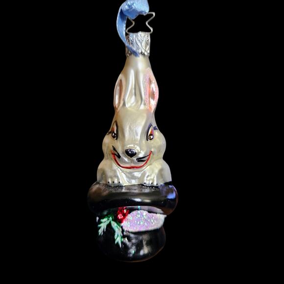 Vintage German Glass Rabbit in Magician Hat Ornament Red Bow Christmas Ornament - Picture 1 of 2